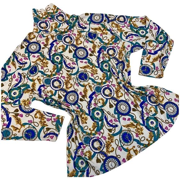 Vintage 1990s Multicolor Celestial Clocks Ribbon Print Long Sleeve Turtleneck - Picture 1 of 7